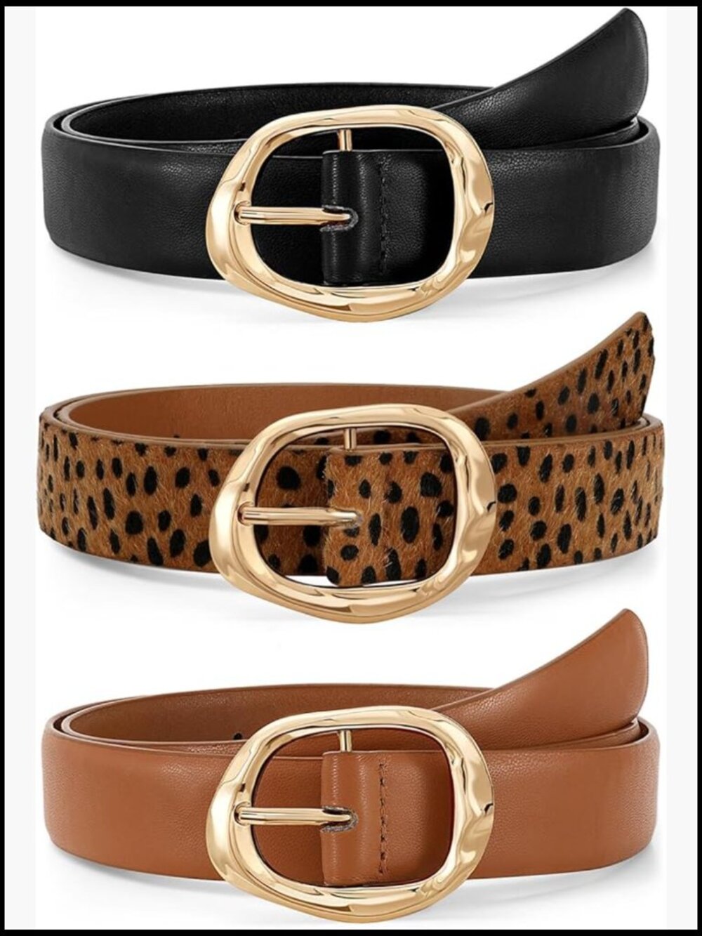 Women's Faux Leather Belt with Gold Buckle, 3-Pack for Jeans